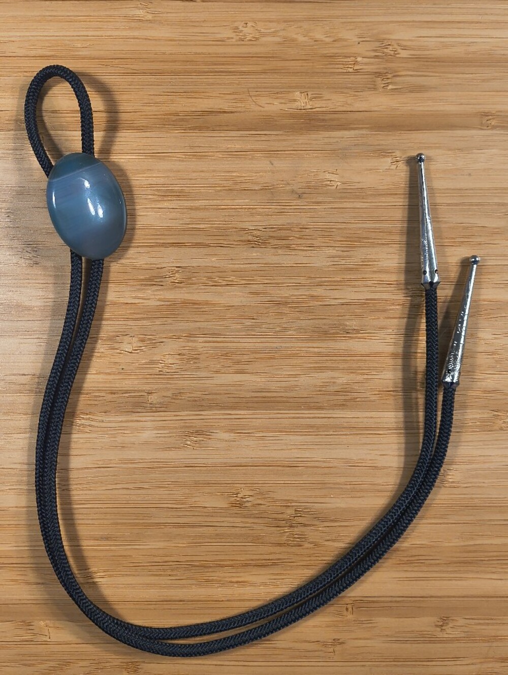 Vintage Denim Blue Banded Agate Bolo Tie Braided Cord Western Boho